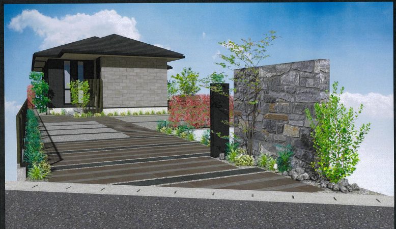 1号地モデルハウス建築中（完成予定図）